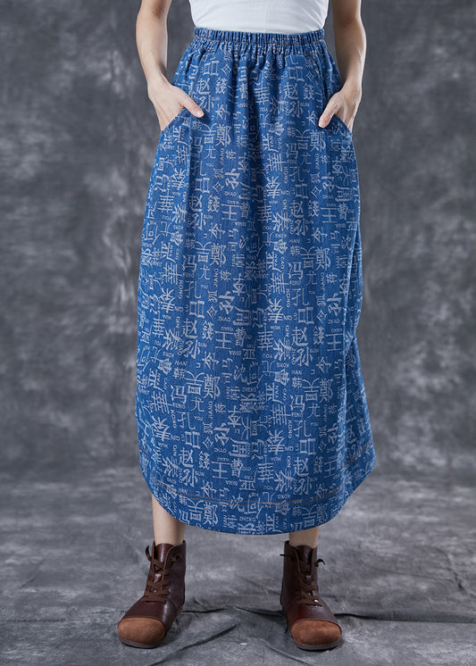 Blue Elastic Waist Print Denim Skirts Summer