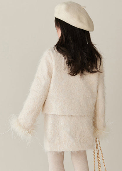 Beige O-neck Patchwork Parka and Skirts Two Pieces Set Spring