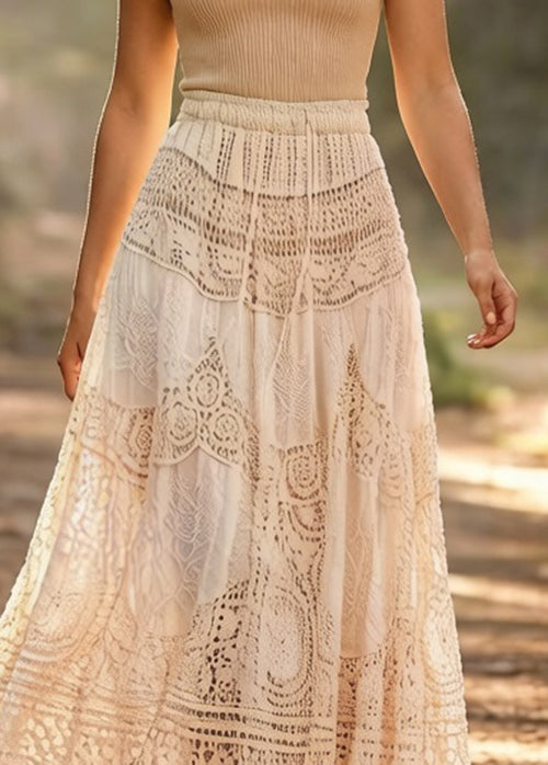 Loose Beige Hollow Out Drawstring Cotton Skirts Summer