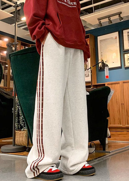 Black Striped Warm Fleece Pants Elastic Waist Spring