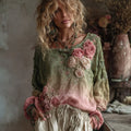 Women's Rose Embroidery Art Long Sleeve Loose T-shirt elevenforest