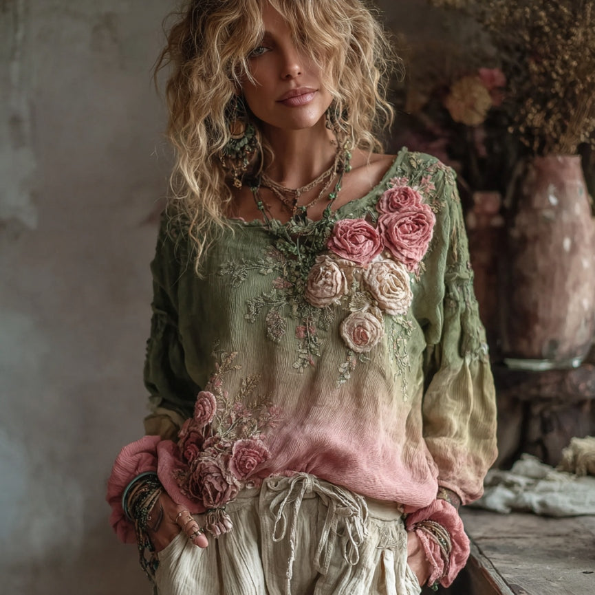 Women's Rose Embroidery Art Long Sleeve Loose T-shirt elevenforest