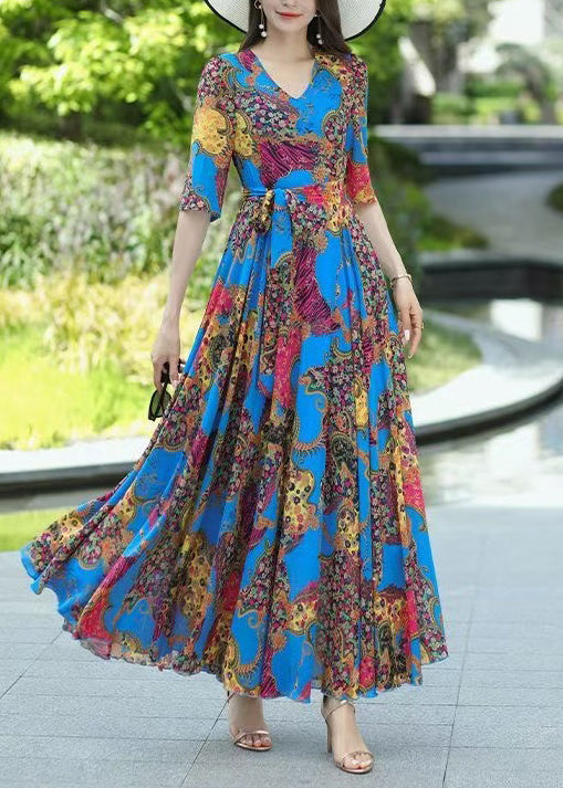 Blue V Neck Print Lace Up Chiffon Dress Summer