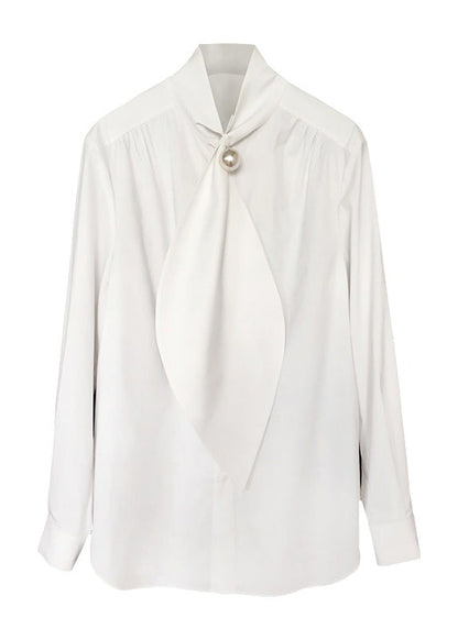 Classy White Bow Patchwork Cotton Shirts Spring