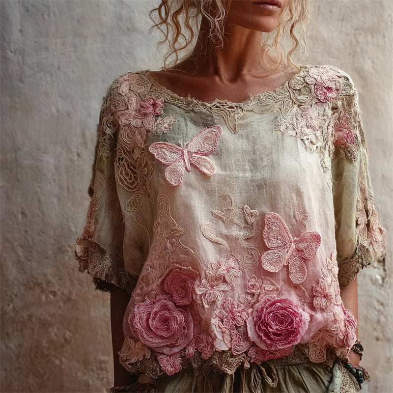 Pink Butterflies & Roses Embroidered Gradient Flowy Linen Shirt elevenforest