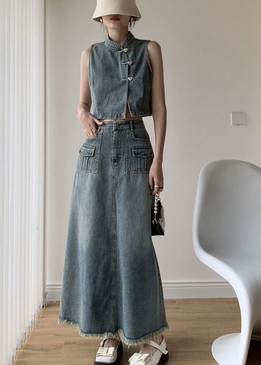 Boutique Blue Stand Collar Tops and Skirts Denim Two Pieces Set Sleeveless