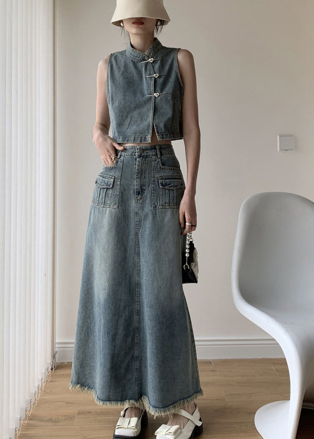 Boutique Blue Stand Collar Tops and Skirts Denim Two Pieces Set Sleeveless