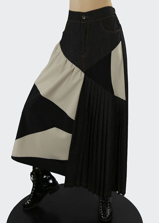 Apricot Elastic Waist Patchwork Pleated Skirts Spring