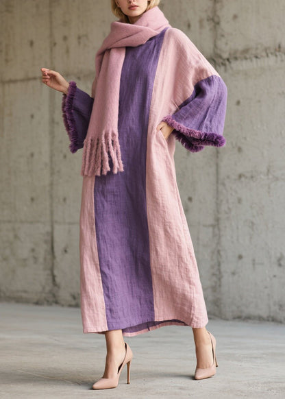 Colorblock Fuzzy Fur Patchwork Cotton Dress Fall