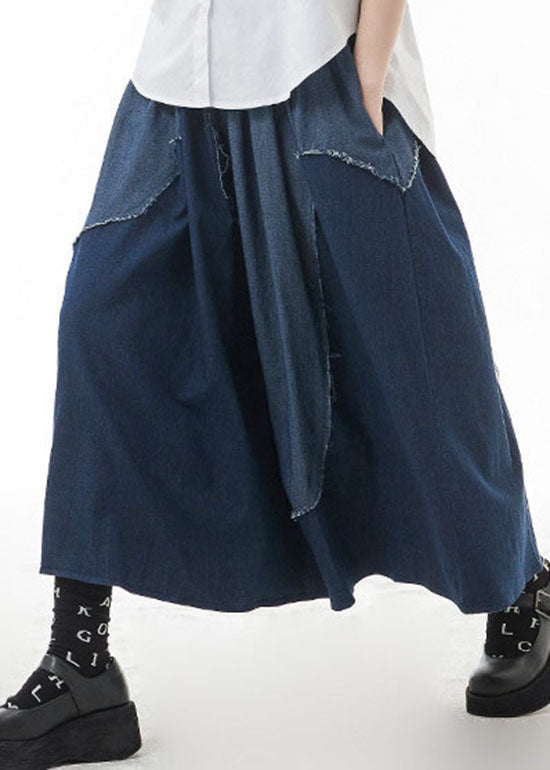 Classy Blue Elastic Waist Patchwork Denim Skirts