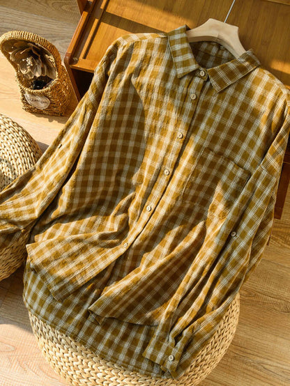 Natural Fabric Classic Plaid Style Loose Shirt