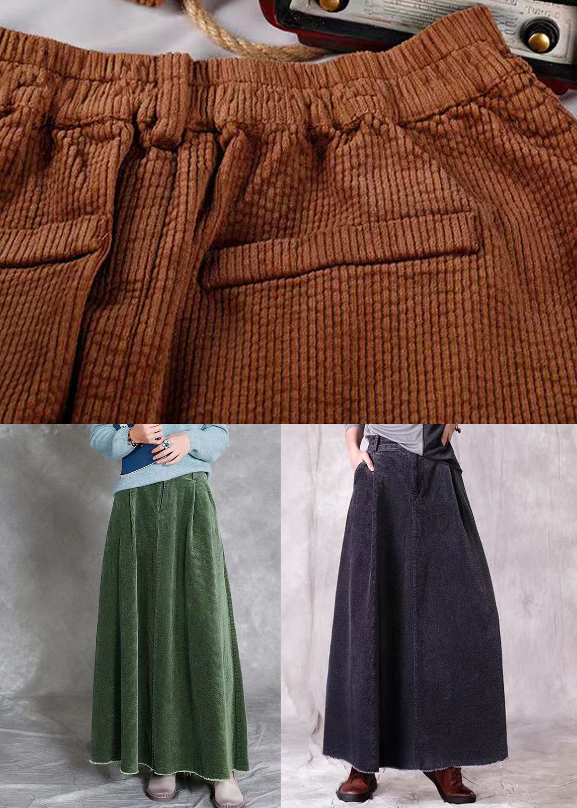 Coffee Wrinkled Pockets Corduroy Maxi Skirt Spring