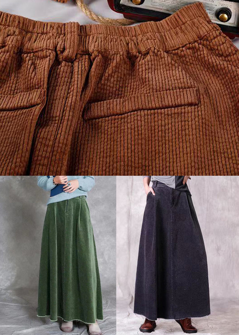 Coffee Wrinkled Pockets Corduroy Maxi Skirt Spring