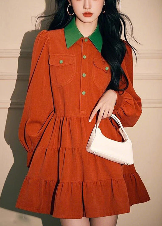 Loose Orange Peter Pan Collar Button Corduroy Shirts Dress Spring