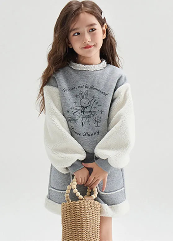 Grey O-neck Print Patchwork Warm Sweatshirt and Skirts Two Pieces Set Winter