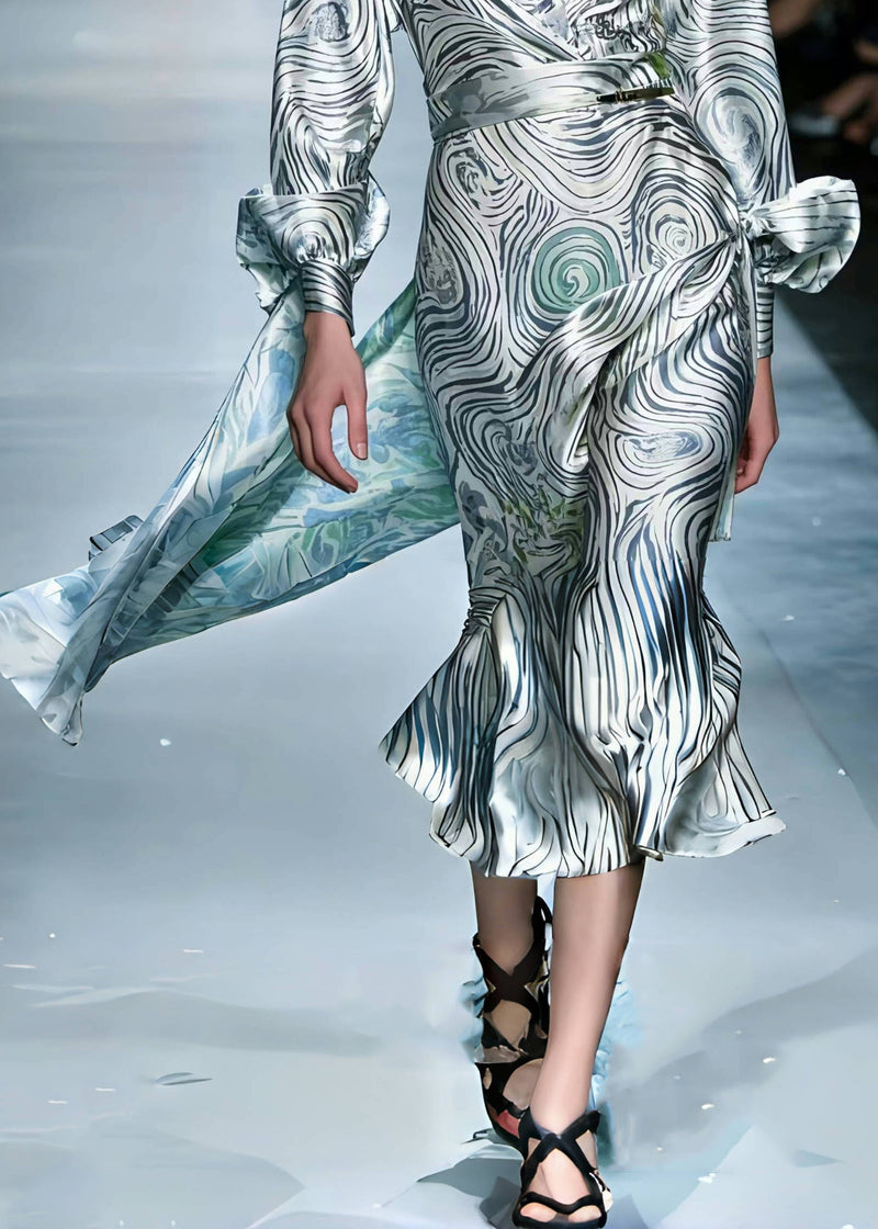 Grey Asymmetrical Striped Silk Robe Dresses Spring