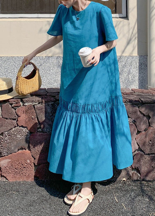 Novelty Blue Ruffled Patchwork Hollow Out Long Dress Summer
