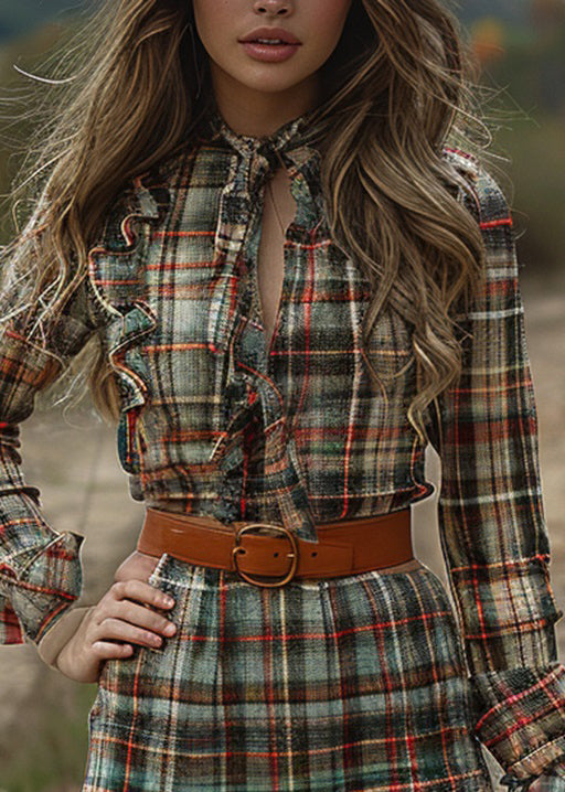 Ruffled Plaid Pastoral Style Long Sleeve Mini Dress