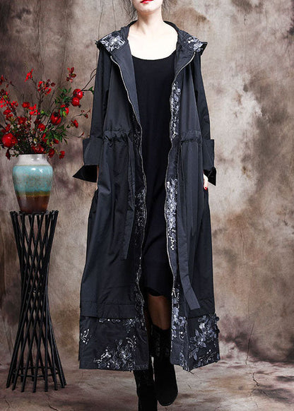 Black Hooded Patchwork Spring Trench Coats