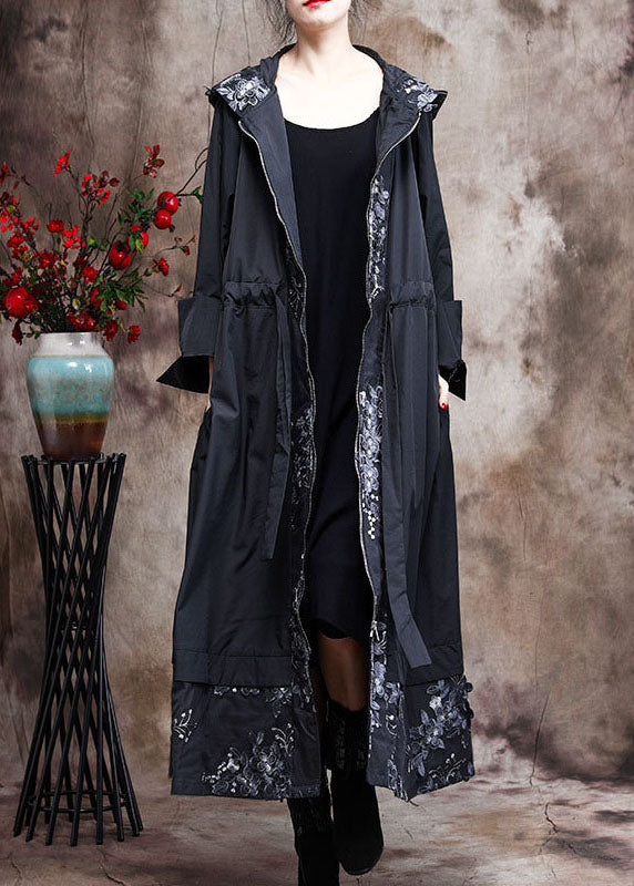 Black Hooded Patchwork Spring Trench Coats