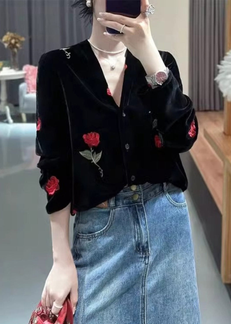 French Black V Neck Rose Button Silk Velour Blouses Fall