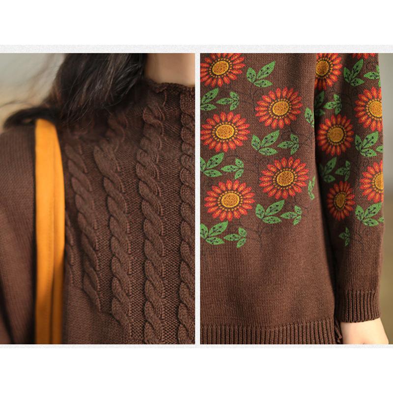 Retro Cotton Flower Printed Loose Sweater