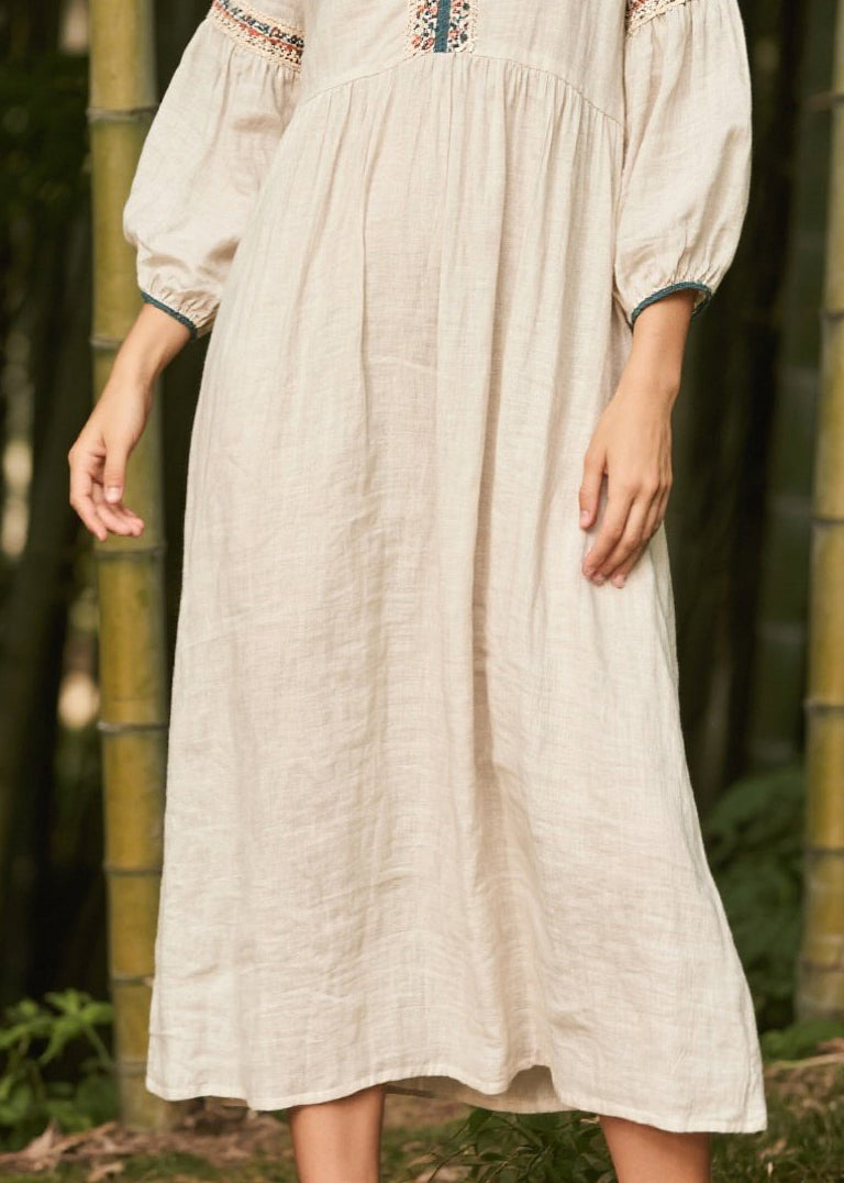 White V Neck Patchwork Linen Dress Bracelet Sleeve