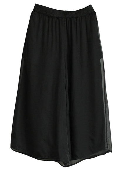 Handmade Black Elastic Waist Retro Wide Leg Crop Pants