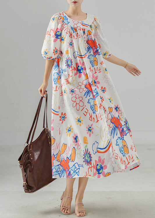 White Oversized Print Cotton Holiday Dress Summer