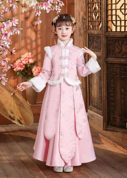 Boutique Pink Stand Collar Print Button Thick Coats and Skirts Two Pieces Set Winter