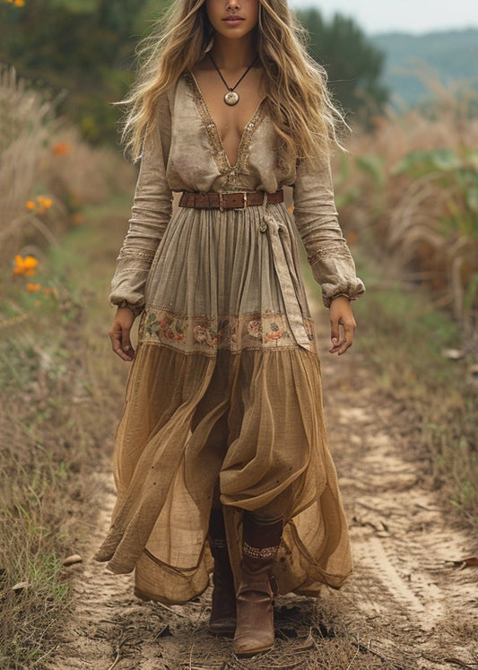 V Neck Print Wrinkled Cotton Long Dress Spring