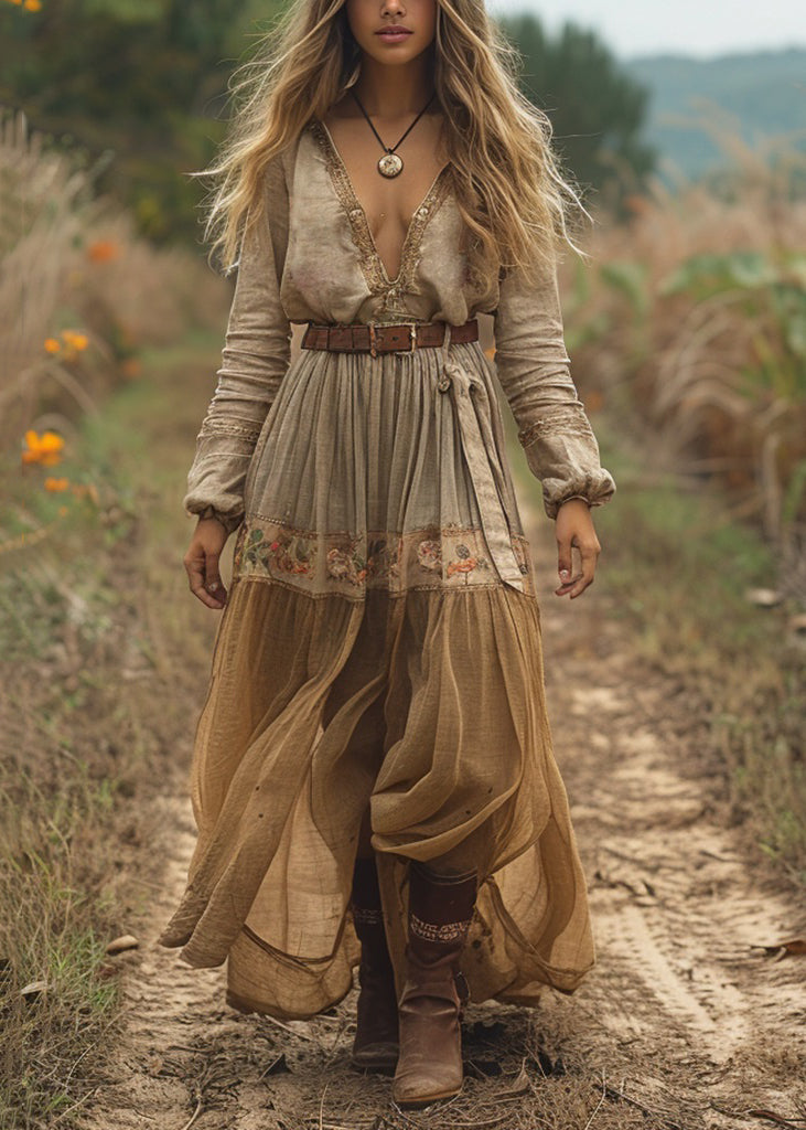 V Neck Print Wrinkled Cotton Long Dress Spring