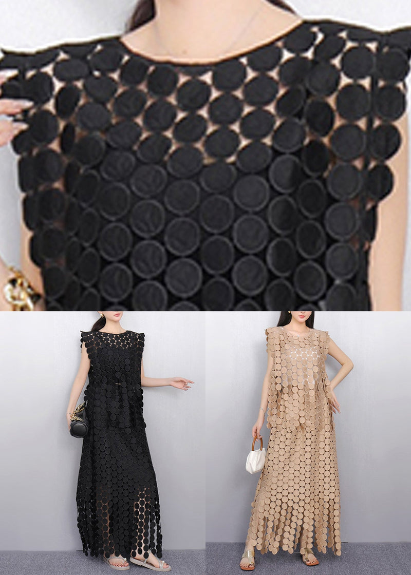 Black Dot Lace Top and Maxi Skirts Two Pieces Set Sleeveless