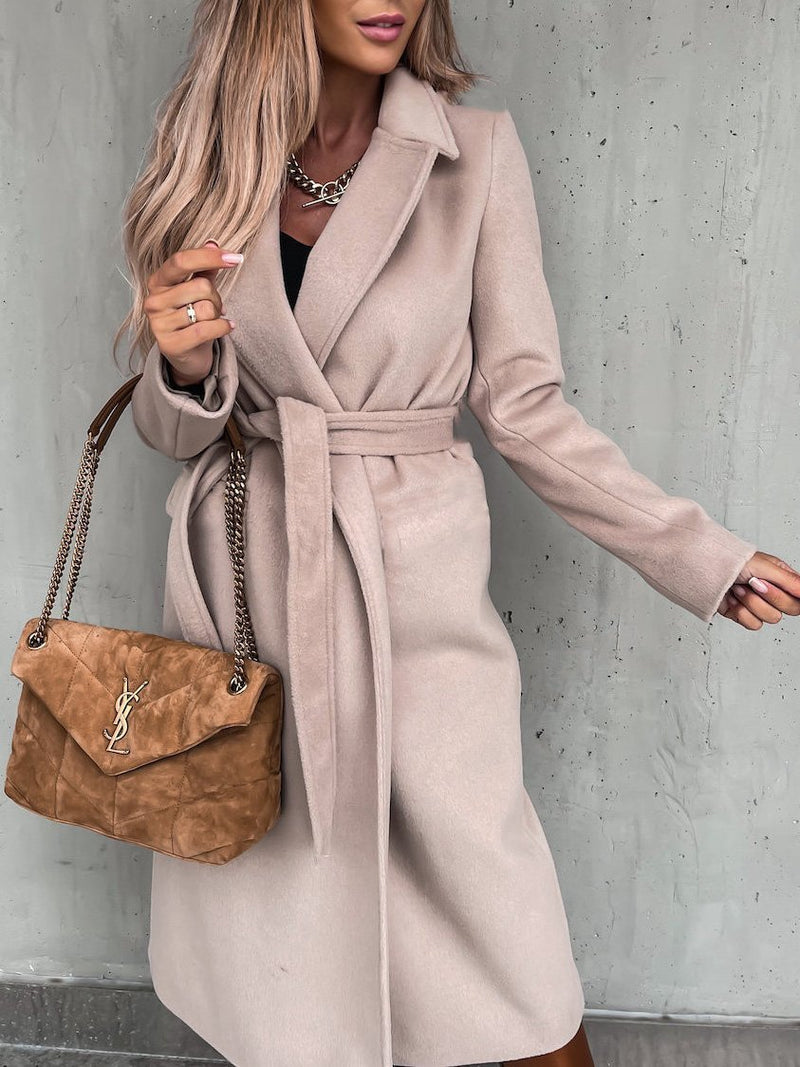 Coats Simple Lapel Belted Long Sleeve Woolen Coat