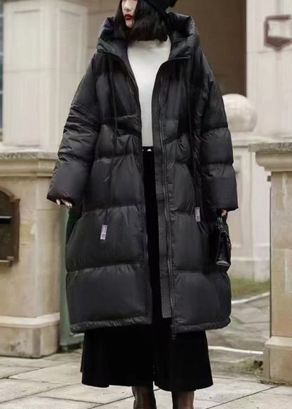 Green Drawstring Zippered Duck Down Long Down Coat Long Sleeve