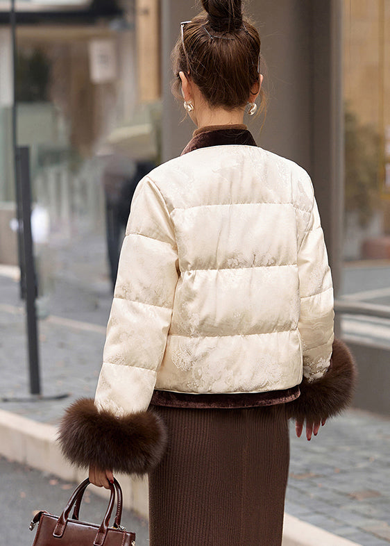 Milk White Patchwork Duck Down Jacket in Winter Tasseled Winter