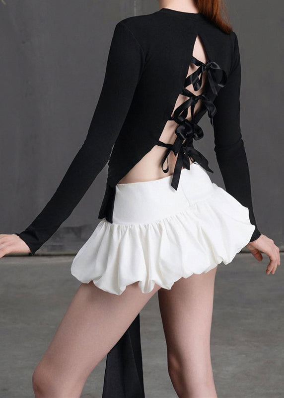 New Black Tops and White Skirts Lace Up Cotton Two Pieces Set Spring