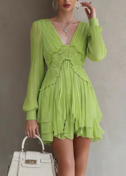 Green Patchwork Wrinkled Mid Dresses Lantern Sleeve