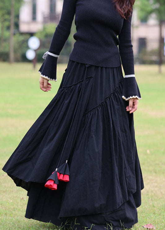 Black Cinched Patchwork Cotton Skirt Spring