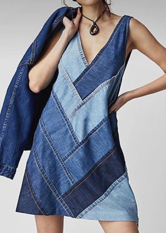 Blue V Neck Patchwork Denim Dress Sleeveless