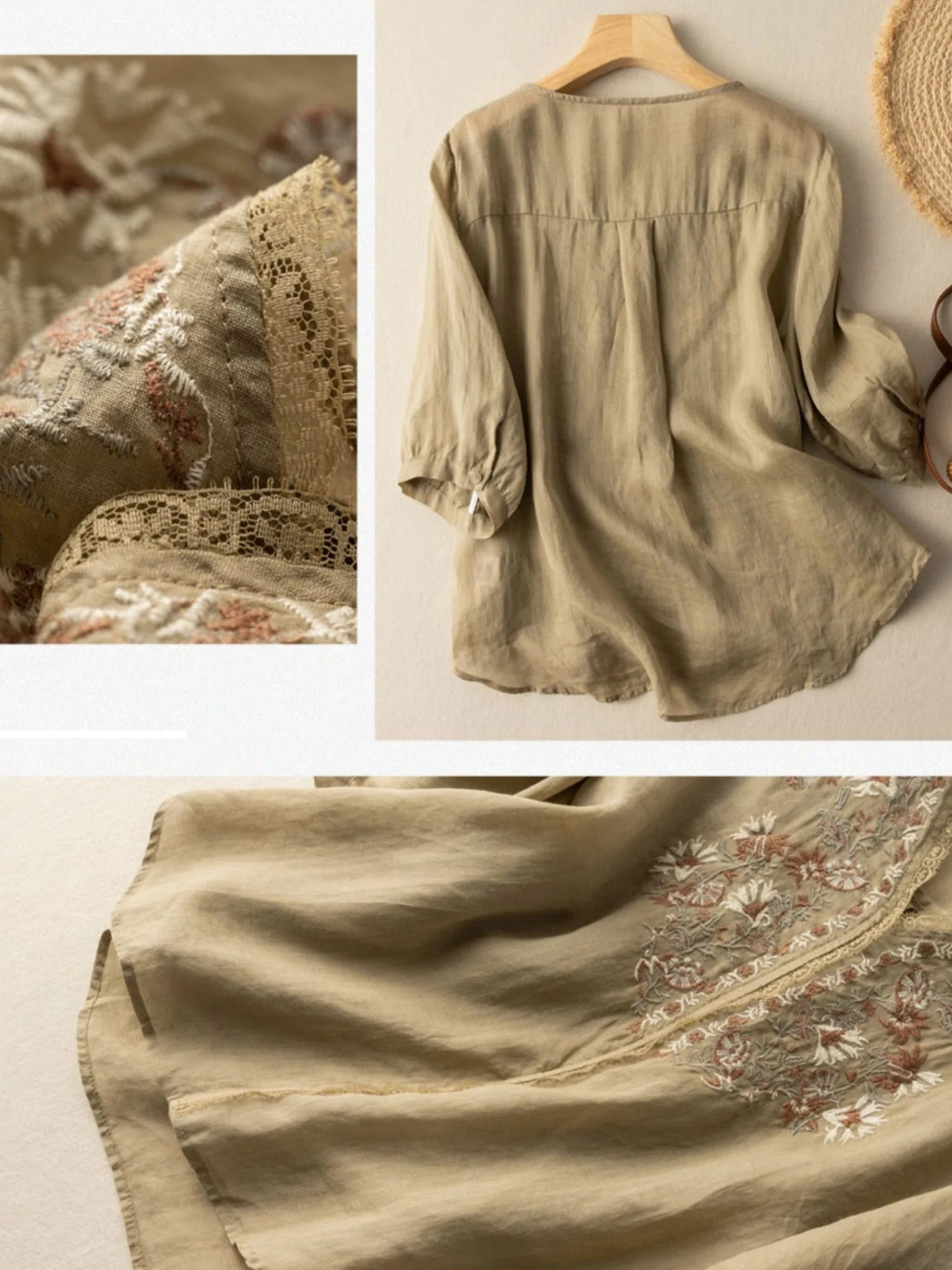 Embroidered V Neck 3/4 Sleeve Linen Top