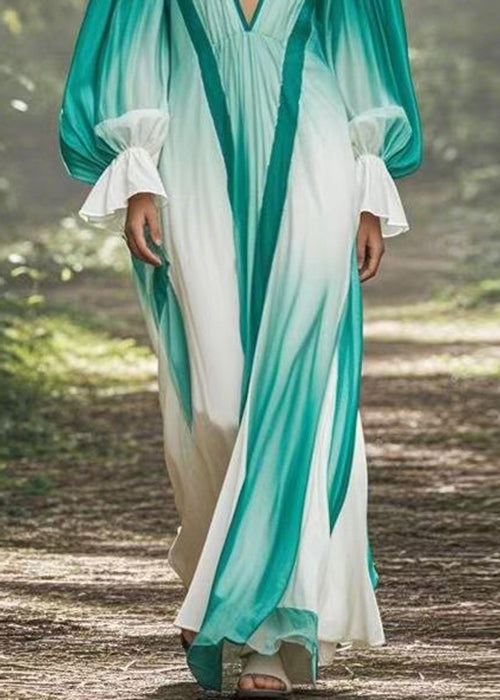 Gradient Color V Neck Original Design Chiffon Long Dresses Flare Sleeve
