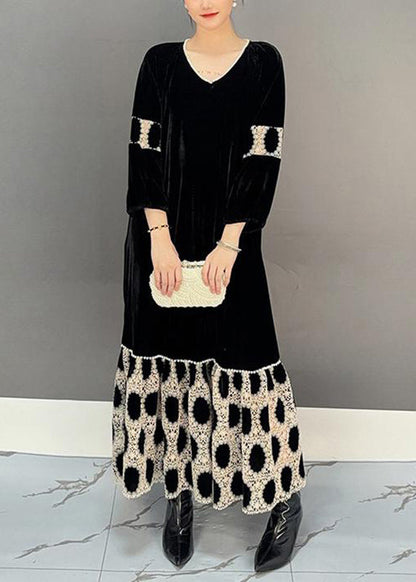 Black V Neck Patchwork Holiday Long Dress Fall