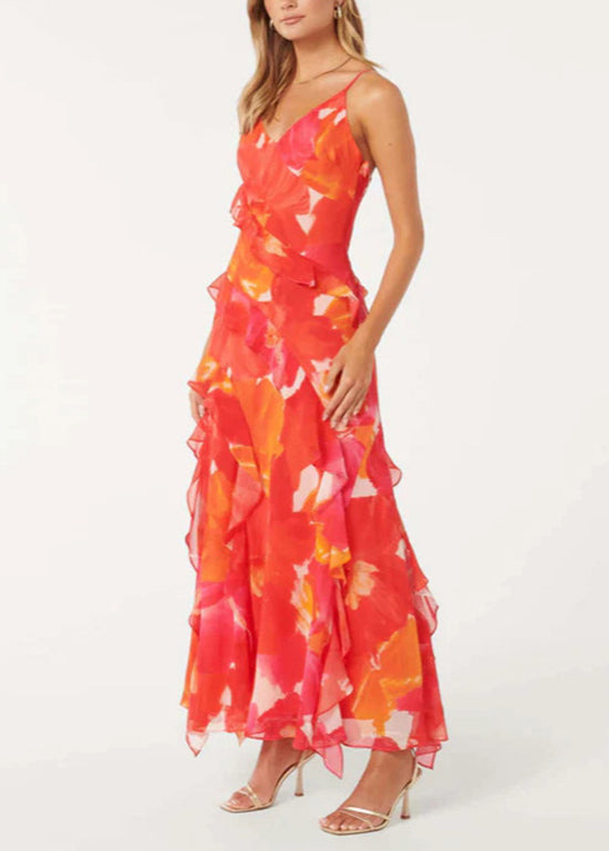 Red V Neck Ruffled Print Chiffon Spaghetti Strap Dress Sleeveless