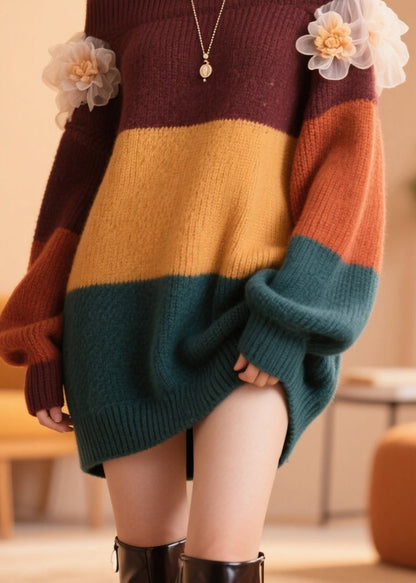 Handmade Colorblock Cold Shoulder Patchwork Knit Sweater Fall