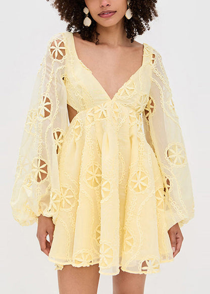 Stylish Yellow Embroidered Hollow Out Cotton Mini Dress Lantern Sleeve