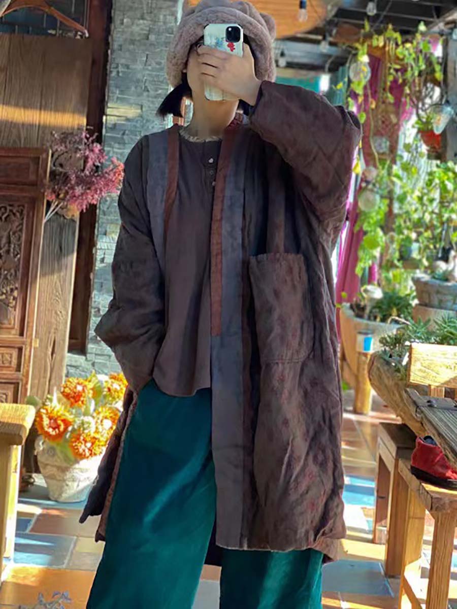 Linen Retro Print Pocket Long Sleeve Coat
