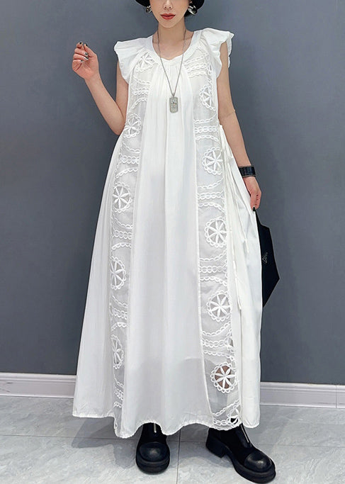 White Puff Sleeve Patchwork Lace a Line Dress Sleeveless