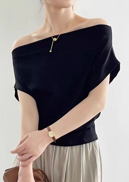 Black Slash Neck Cotton T Shirt Summer