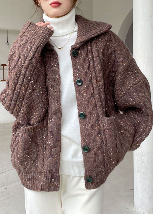 Coffee Peter Pan Collar Button Knit Winter Coat